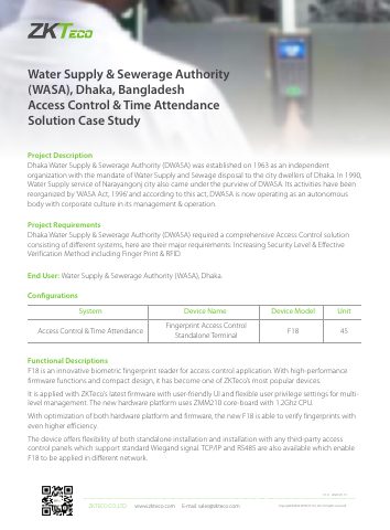 صورة دراسة حالة ZKTeco: Dhaka WASA في بنغلاديش: 45 جهاز بصمات F18 للدخول والحضور