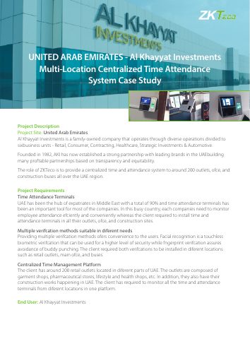 Image de l'étude de cas ZKTeco : Al Khayyat Investments (Émirats arabes unis) : pointage centralisé pour environ 200 sites