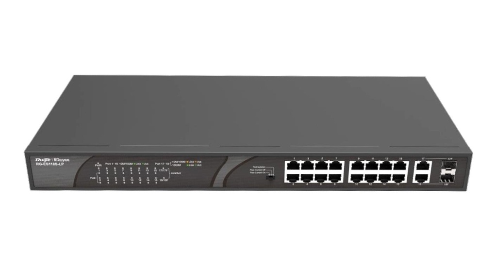 RG-ES118S-LP Ruijie - Switch PoE 16 ports 100 Mbps, 2 ports Gigabit combo